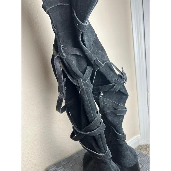 Sam Edelman Over The Knee Boots Women's Size 9.5 Black Suede Strappy Heeled Boot - Picture 11 of 16